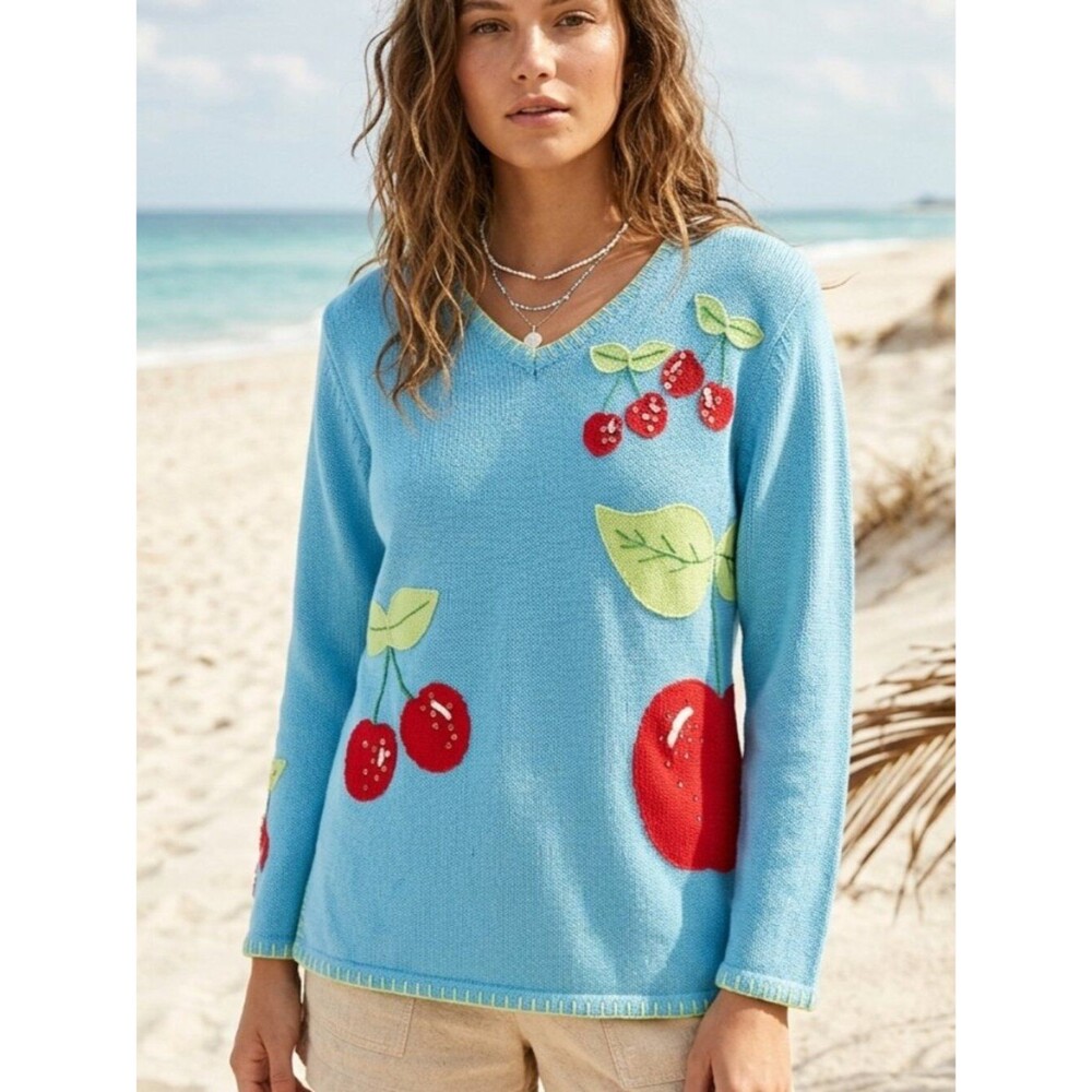 The Quacker Factory Light Blue Cherry-Print V-Neck Women's Sweater Size M